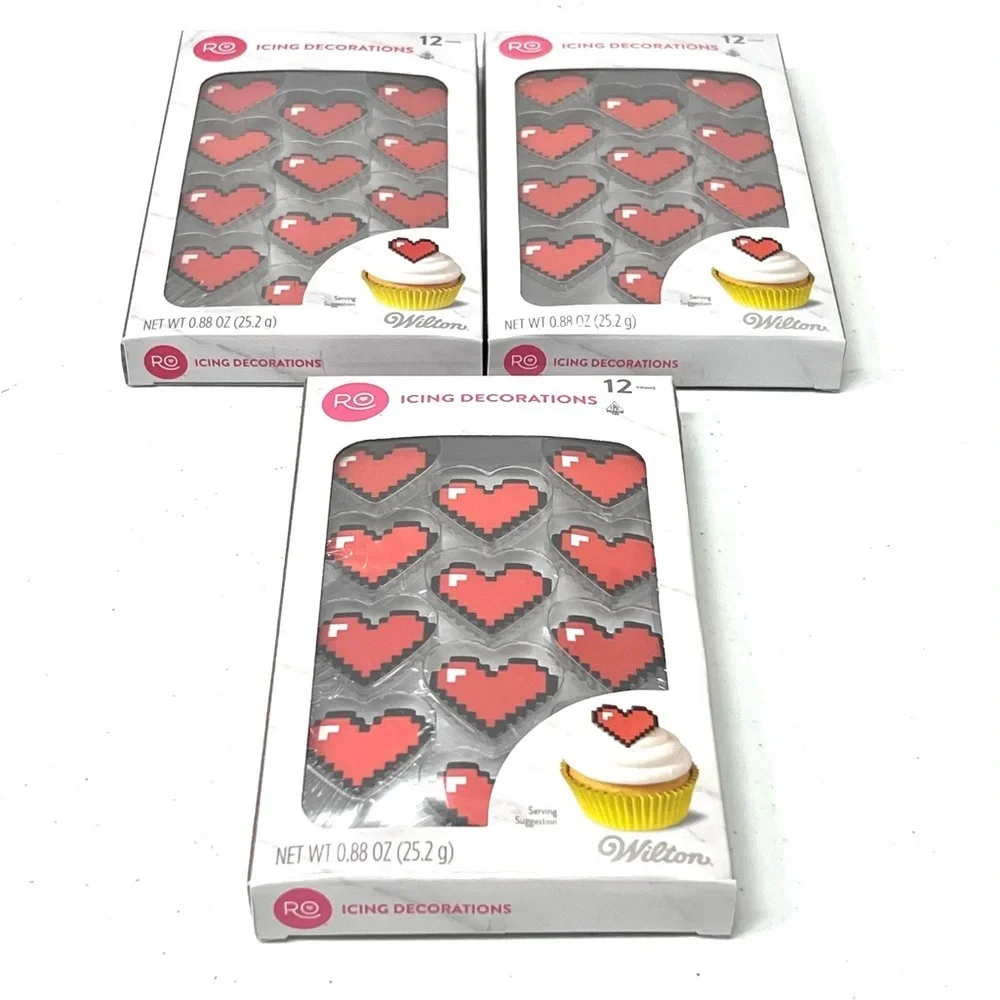 Valentine’s Wilton Pixelated Red Heart Icing Decorations set of 4